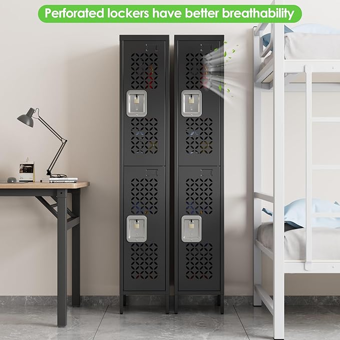2 Doors Metal Locker with Adjustable Shelves and 6 Hooks,Metal Lockers for Employees for Gym,School,Office,Home,Garage,Assembly Required,Black