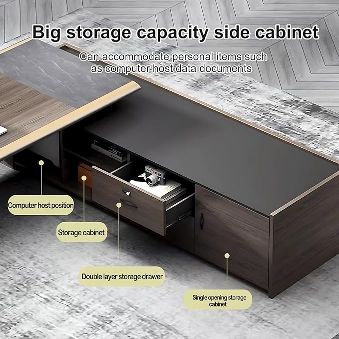 102IN Modern Executive Desk - L-Shaped Executive Desk with Light Strip Design & Multifunctional Locker & Convenient Wire Routing Box & Keyless Combination Lock
