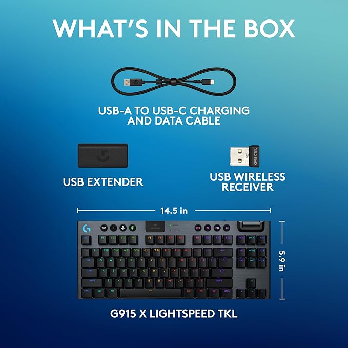 Logitech G915 X Lightspeed TKL Wireless Mechanical Gaming Keyboard, Double-Shot PBT Keycaps, Fully Programmable Keys, RGB Backlit Mac/PC Gaming Keyboards, Aluminum Finish, GL Clicky Switches, Black