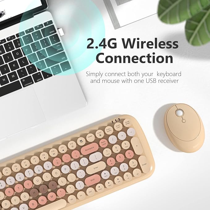 Wireless Keyboard and Mouse Combo - GEEZER Pale Coffee Colorful Round Keycap Keyboard 100 Keys - USB 2.4G Receiver Plug Play Typewriter Keyboards for Windows, PC, Laptop, Desktop