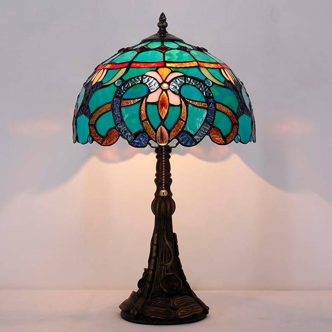 Tiffany Stained Glass Table Lamp 12X12X19 Inch Green Brown Jewelry Baroque Style Desk Bedroom Living Room Reading Light (Green Baroque)