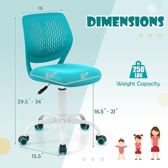 POWERSTONE Home Desk Chair Cute Office Chair Small Adjustable Swivel Task Chair Armless Writing Desk Chair for Small SpaceTurquoise
