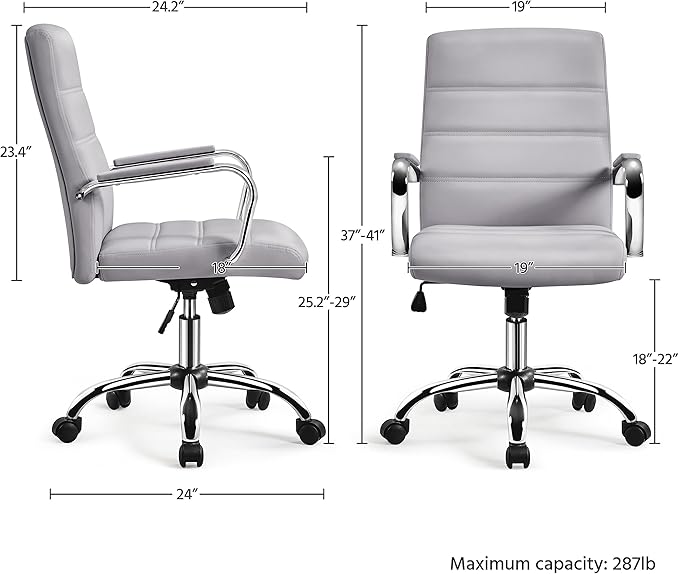 Yaheetech Mid-Back Office Chair with Arms Swivel PU Leather Height Adjustable Office Executive Chair, Light Gray