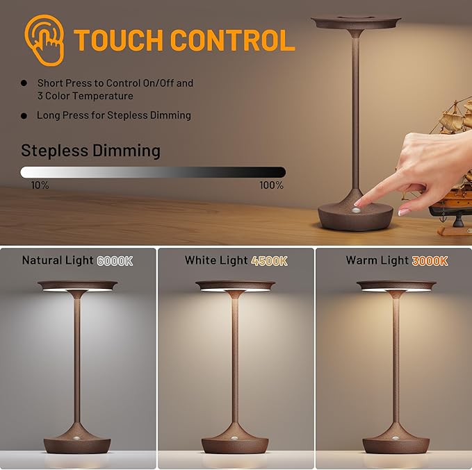LED Rechargeable Cordless Table Lamps, Portable Outdoor Battery Operated Table Light 3 Color Stepless Dimming Table Lamp with Memory Function for Patio Restaurant Dining Room Rust
