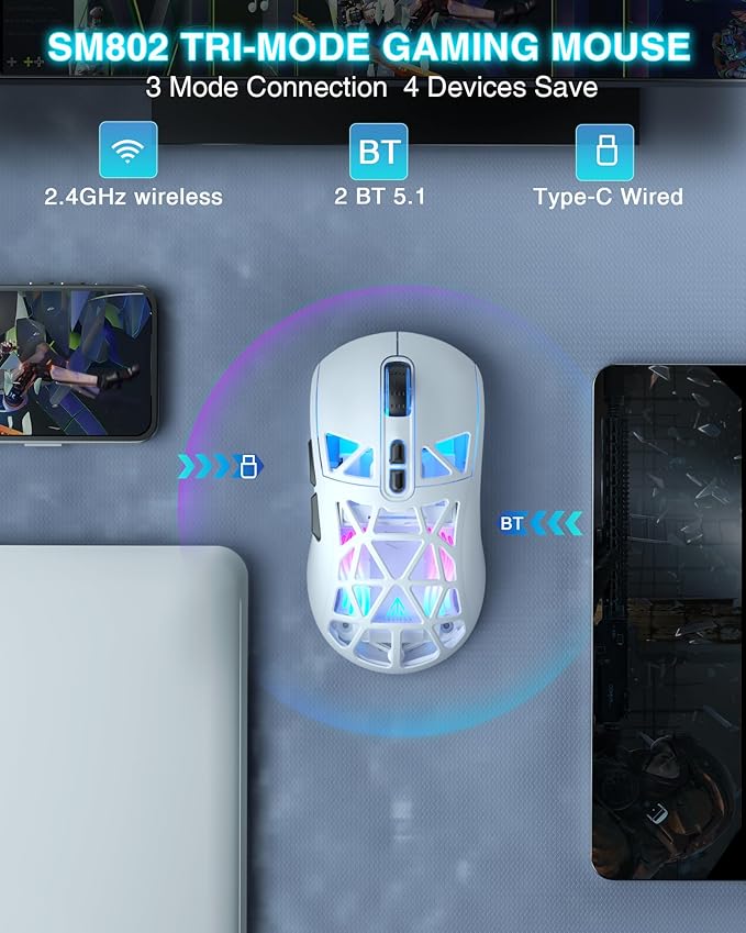 SOLAKAKA SM802 White Wireless Gaming Mouse,10000 DPI,Tri-Mode Wired/BT 5.0/2.4GHz Wireless Mouse Gaming with Side Button,RGB Programmable Macro Mouse for Laptop