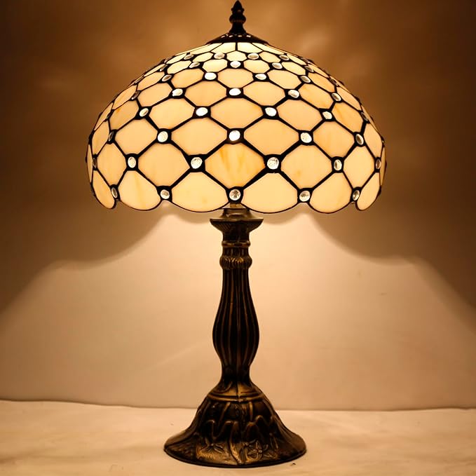 WERFACTORY Tiffany Lamp Cream Amber Stained Glass Bead Table Lamp Desk Bedside Reading Light 12X12X18 Inches Deco Bedroom Living Room Home Office S005 Series
