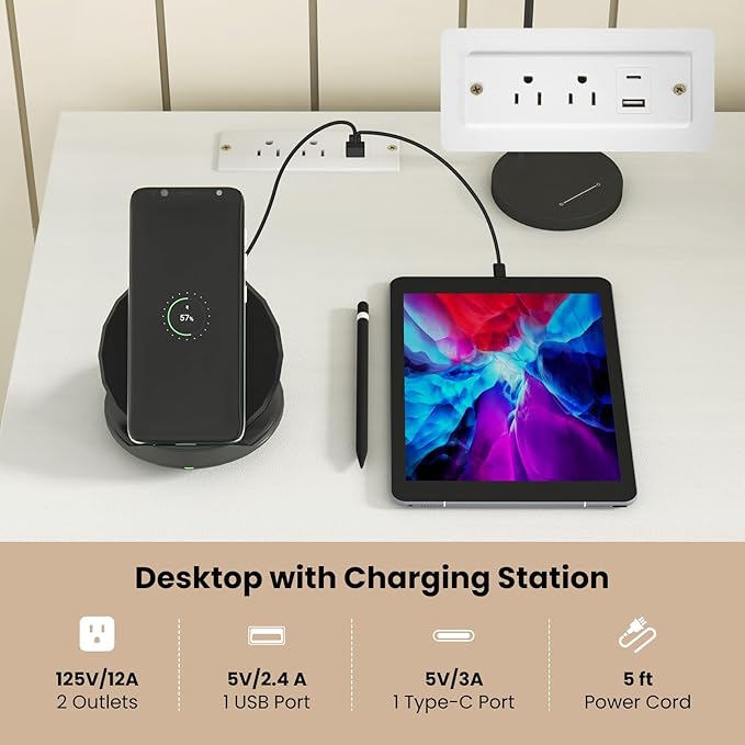 Tangkula White Desk with Drawers & Charging Station, Wooden Home Office Desk PC Laptop Notebook Desk, Compact Study Desk Writing Desk, Computer Workstation Ideal for Home & Office
