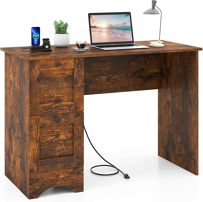 Tangkula Computer Desk with Drawers & Charging Station, Wooden Home Office Desk PC Laptop Notebook Desk, Compact Study Desk Writing Desk, Computer Workstation Ideal for Home & Office (Rustic Brown)