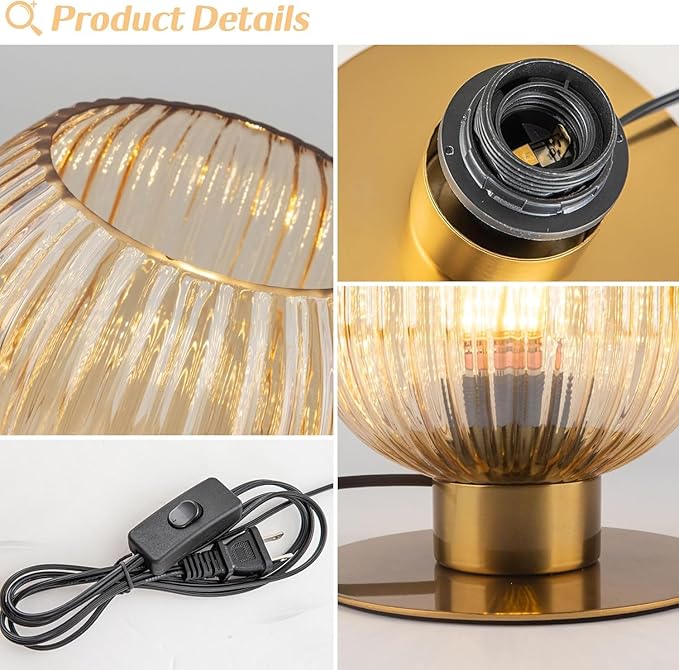 Table Lamp for Bedroom Nightstand Set of 2, Midcentury Modern Table Lamp Living Room Small End Table lamp, Amber Glass Bedside Lamp Gold Bedside Lamp with On/Off Switch on Plug in Cord