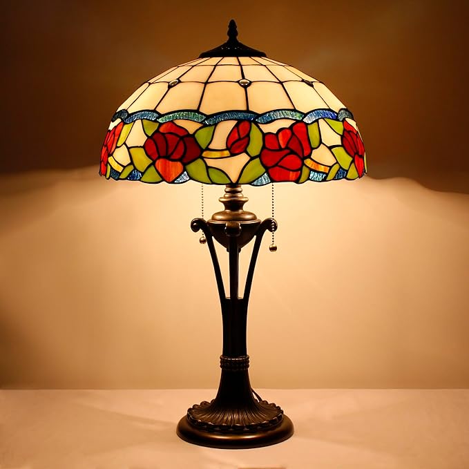 Tiffany Table Lamp Red Rose Flower Style Stained Glass Desk Lamp 16X16X24 Inches Reading Light