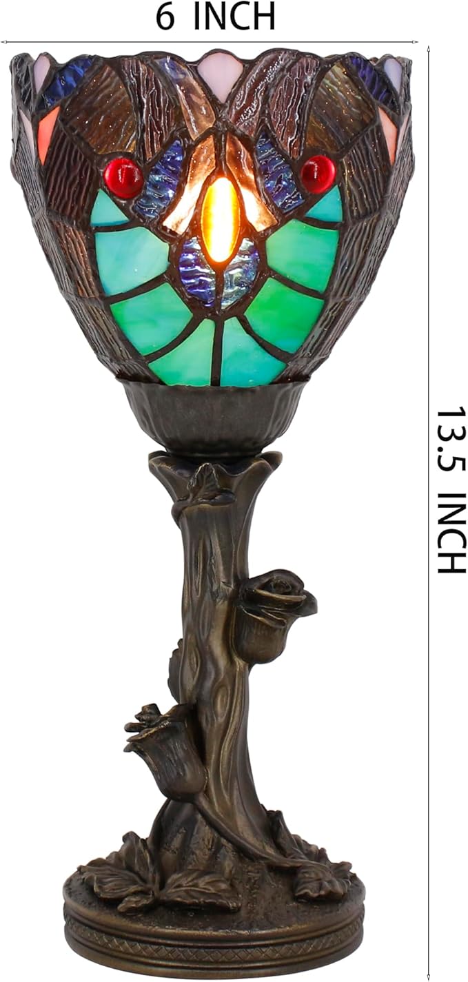 Small Tiffany Lamp Mini Stained Glass Table Lamp Green Liaison Accent Desk Uplight W6 H13.5 Inch Bronze Resin Base