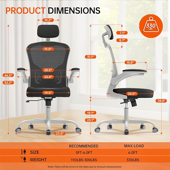Office Chair Ergonomic Desk Chair, 330LBS Capacity, High Back Computer Chair for Long Hours Comfortable, Rolling Swivel Chair for Home Office, Flip-up Armrests(Grey Black)