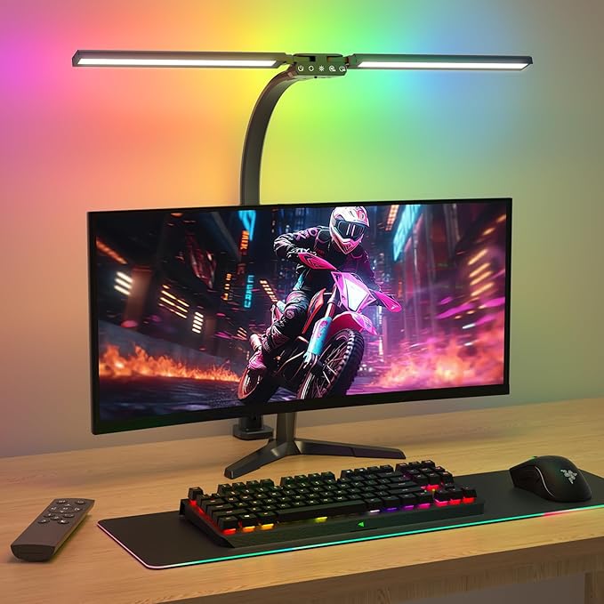 Upgraded LED Desk Lamp for Home Office with RGB, Rotatable Computer Desk Light with Remote, Eye Caring Table Lamp with Clamp for Study, Dimmable Dual Head Desk Lighting for Monitor PC, 22W