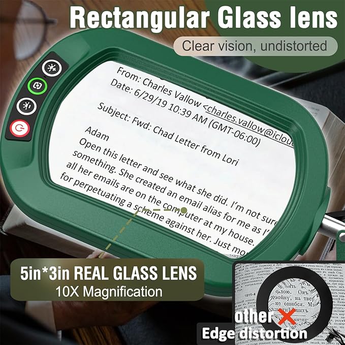 Veemagni 10X Rectangle Magnifying Glass with Light and Stand, 5 Color Modes Stepless Dimmable, 2-in-1 LED Lighted Desk Lamp & Clamp, Hands Free Magnifier for Reading Crafts Painting Close Work - Green