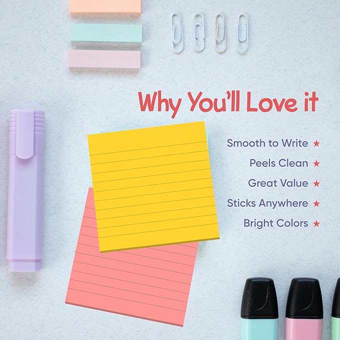 Lined Sticky Notes 3x3 Pack of 8, Bright Colored Super Self Sticky Pads - 60 Sheets/Pad - Easy to Post for School, Office Supplies, Desk Accessories