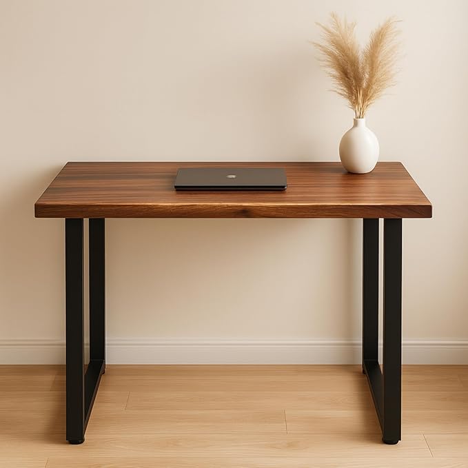 Solid Walnut Wood Computer Desk – 38” x 25” Live Edge Wooden Home Office Desk with Sturdy Metal Legs – Handmade Real Wood Table for Work, Study, or Gaming
