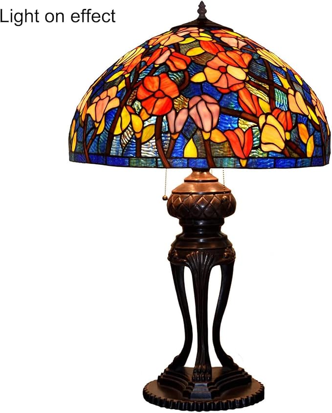 Tiffany Lamp Table Lamp Rose Dragonfly Tulip Wisteria Grape Peach Kapok Peony Apple Flower Design Stained Glass Lampshade Desk Lamp for Girl Living Room Iron Base W20 XH32,Kapok