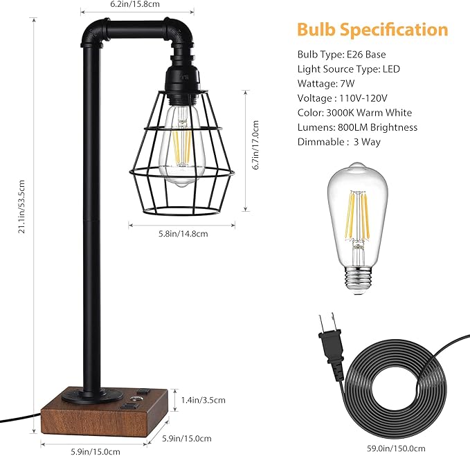 Industrial Touch Control Table Lamp, LED Bulb Included, 3 Way Dimmble Lamp with 2 USB Ports and AC Outlet, Bedside Nightstand Desk Lamps with Metal Cage Shade for Bedroom Living Room Farmhouse