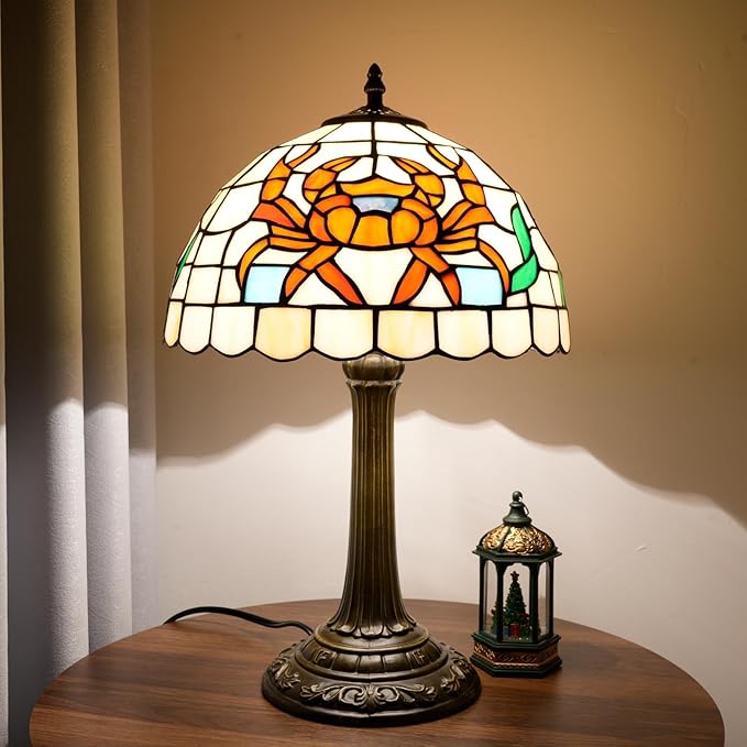Tiffany lamp 12 inch stained glass lamp crab warm light reading lamp Bed lamp Tiffany style is suitable for bedroom dormitory living room study and other classical art home decoration handicrafts gift