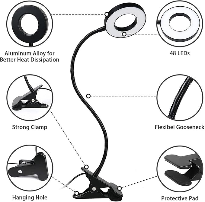 Clip on Light LED Reading Book Study Lamp 3 Color Modes 10 Brightness Eye Protection 360° Flexible Gooseneck Student Dormitory Office Desk Lamp at Night in Bed