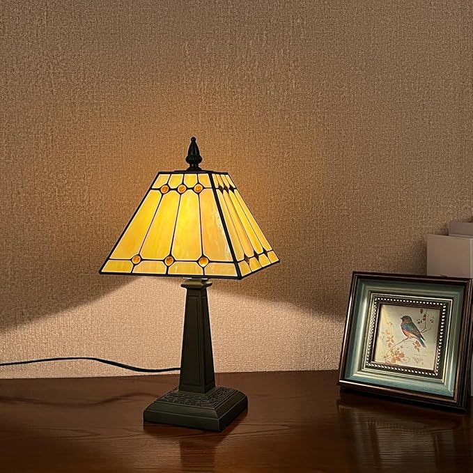 Tiffany Table Lamps Small Handmade Stained Glass Accent Table Light Mission Style Antique Desk Lamp for Bedroom Living Room Home Office