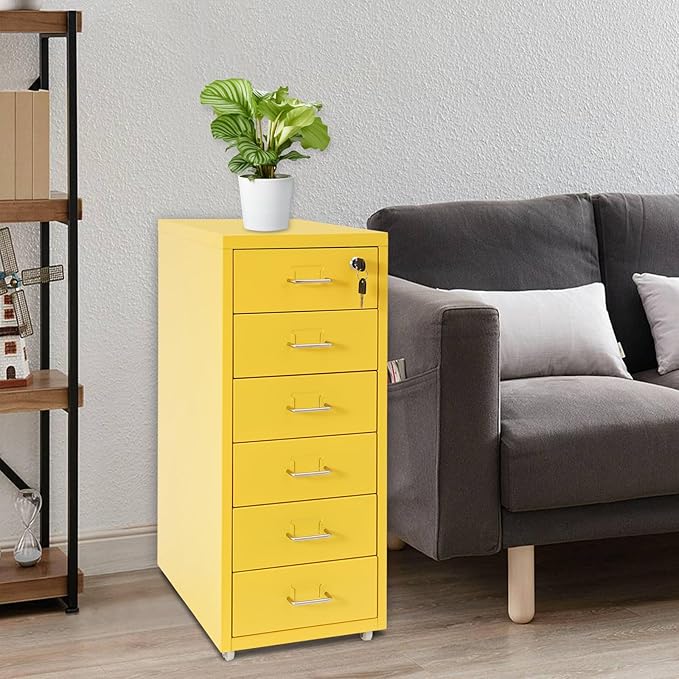 TFCFL Mobile File Cabinet 6 Drawer Vertical File Cabinet with Wheels Metal File Cabinet with Lock for Home Office, 11" D x 16" W x 27" H (Yellow)