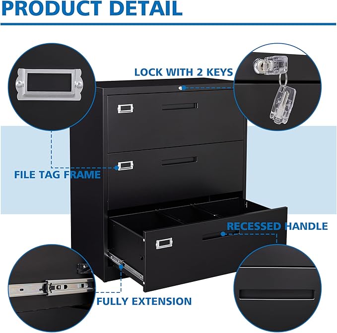 Lateral File Cabinet with Lock,Metal Filing Cabinet with 3 Drawer,Steel Lateral File Cabinet for Legal/Letter A4 Size,Wide File Cabinet for Office Home,Assembly Required