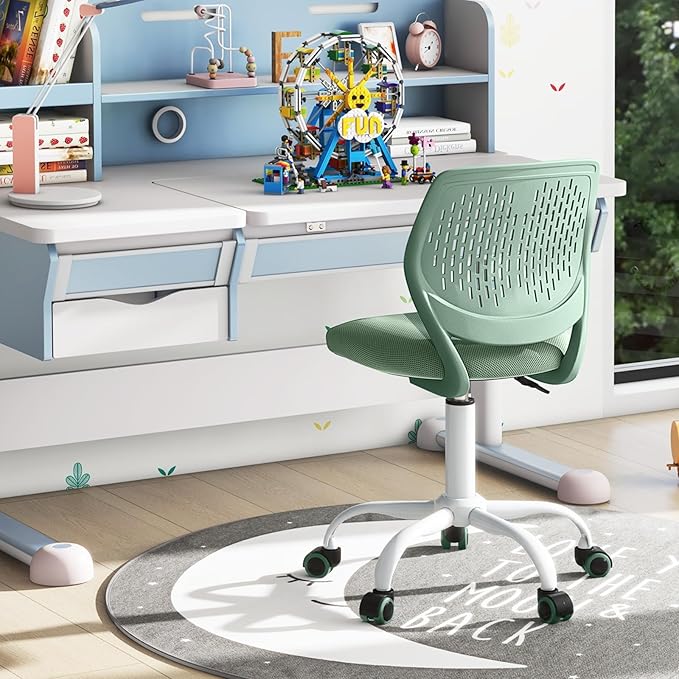 POWERSTONE Small Home Office Desk Chair, Swivel Rolling Study Computer Chair, Adjustable Height Task Chair with Armless Mid Back, Upholstered Mesh Seat, Light Green