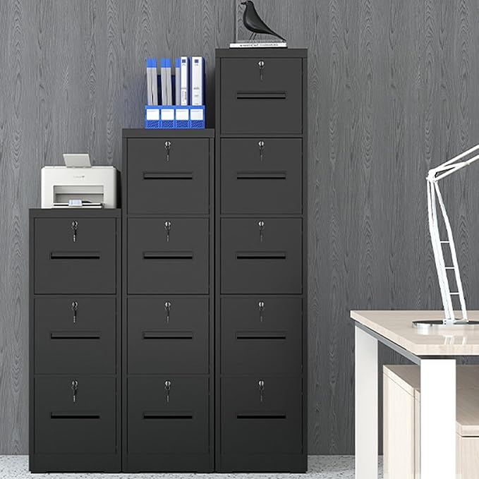 4 Drawer File Cabinet with 4 Individual Locks, Vertical Metal Filing Cabinet Home Office Narrow Locking File Cabinets for A4/Legal/Letter File Folders, Anti-Tilt Design, Need Assemble (Black)