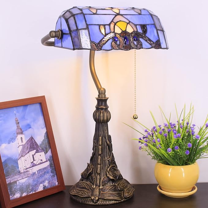 Tiffany Banker Lamp Small Stained Glass Table Lamp Tiffany Style Piano Light Blue Baroque Style Desk Lamp Angle Adjustable 10.6X15.7 Inch for Home Office Living Room Bedroom