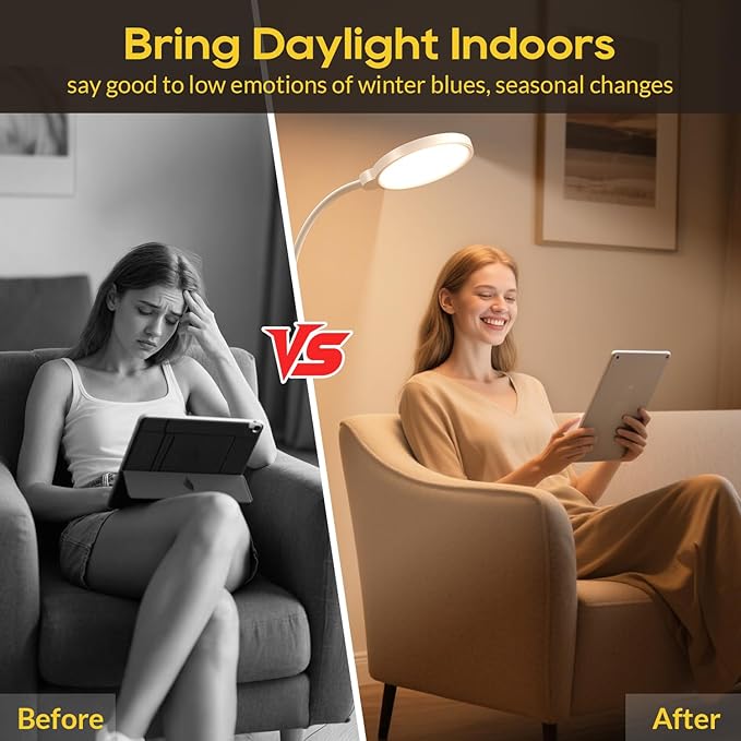 Happy Light Therapy Lamp, 11000 Lux UV-Free Floor Sun Light Lamp with Touch Remote Control, 5 Color Temperatures 10 Brightness Levels Lights for Living Room Bedroom Office