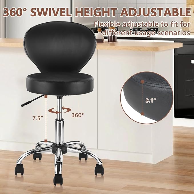 Pu Leather Round Rolling Swivel Salon Stool Chair, with Adjustable Height and Back Support for Office Massage Facial Spa Medical Drafting Tattoo Beauty Barber Black 4PK