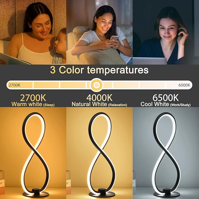 Modern Desk Table Lamp,3CCT 2700K/4000K/6500K Stepless Dimmable Bedside Lamp with USB Adapter,Black Table Lamp for Bedroom,Bedside,Nightstand,Dorm,Office