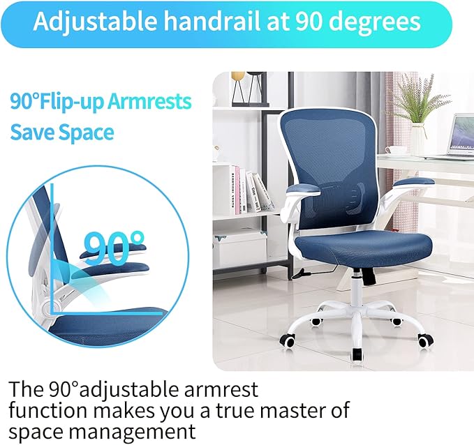 Flysky Ergonomic Office Chair, Mesh Home Office Desk Chair with Flip-up Arms and Lumbar Support, Height Adjustable, Swivel, White & Blue