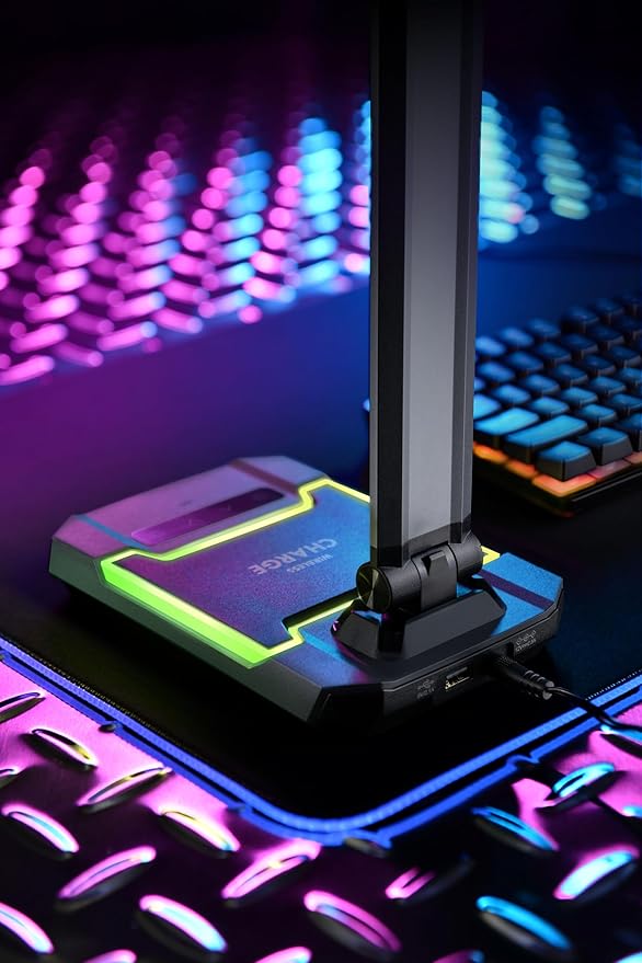 RGB Gaming Desk Lamp with Music Sync,Dimmable LED Lamp with Wireless Charging Station,USB Charging Port,Color Changing Touch Control Light for Gamer Room Decor,Reading,Office,Gift Ideas