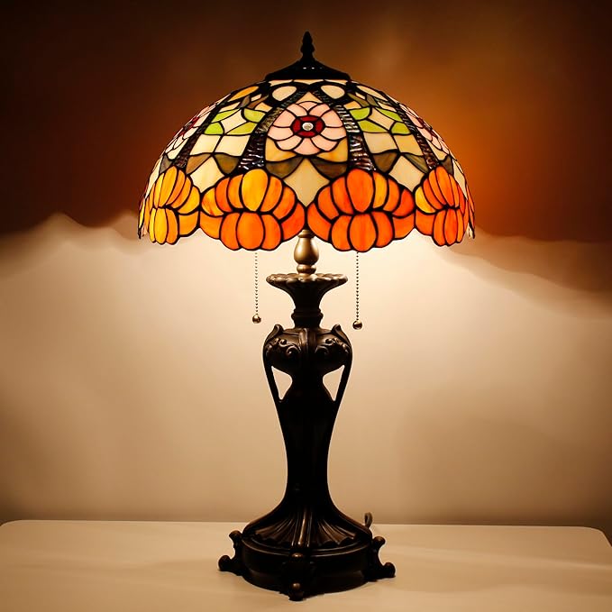 Tiffany Stained Glass Table lamp 16X16X24 Inch Orange Flower Style Desk Bedroom Living Room Antique Reading Light (Orange Flower)
