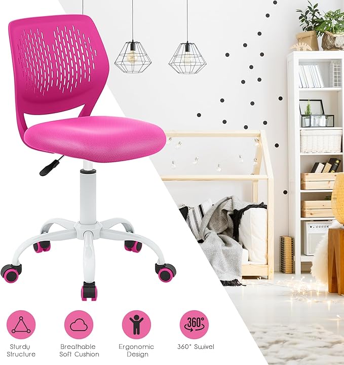 POWERSTONE Small Desk Chair with Wheels Home Office Chair Mid Back Armless Computer Task Chair Adjustable Swivel Rolling Chair for Small Space Pink