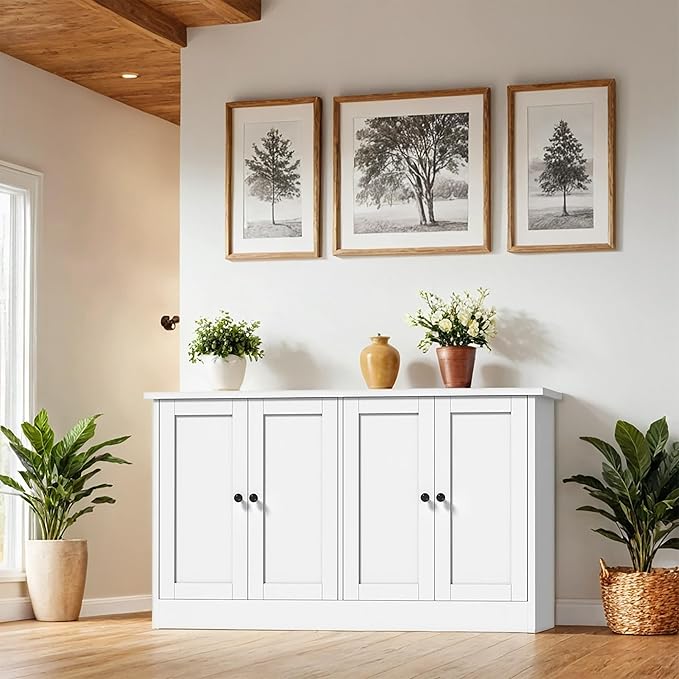 White Buffet Storage Cabinet with 4 Door, 49" W Coffee Bar Cabinet, Kitchen Buffet Sideboard for Living Room, Kitchen