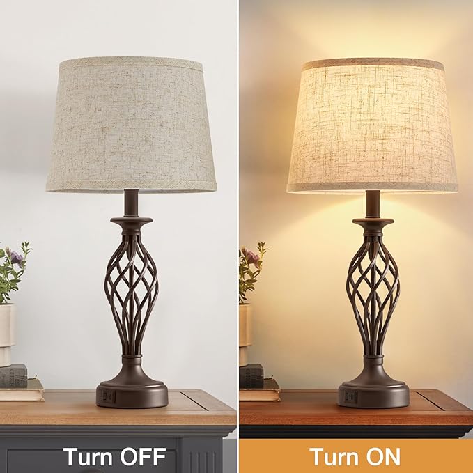 Table Lamp for Bedroom Set of 2 with USB C+A Ports - Modern Brown Bedside Lamps with Spiral Cage Base Fabric Shade - Nightstand Lamp for Living Room Reading Bed Side End Table 2 LED Bulbs Included