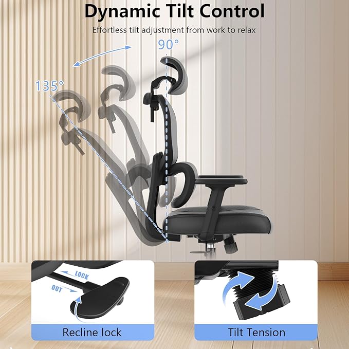 Office Chair, Ergonomic Desk Chair, High Back Desk Chair, Big and Tall Reclining Comfy Home Office Chair with Lumbar Support Breathable Mesh Computer Chair Adjustable Armrests