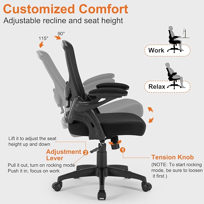 Office Chair, Ergonomic Computer Desk Chair with Adjustable Lumbar Support Comfy Breathable Mesh Chair with Flip-up Arms, Mid Back Swivel Executive Task Chair for Home Office 300lbs, Black