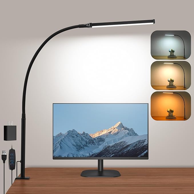 Led Desk Lamp for Home Office, Eye-Caring Desk Light with Clamp, Clip on Light for Reading, 3 Modes 10 Brightness, Flexible Gooseneck, Memory Function, Study, Work, Draw, Black