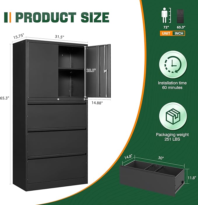 Letaya 3 Drawer Metal Storage Cabinets for Home Office,File Cabinet with Lock and 2 Adjust Shelves-Hang Filing Legal/Letter/A4/F4 Size(Black