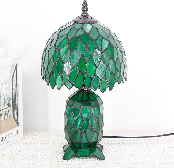 Small Tiffany Lamp Stained Glass Table Lamp Mini Mother Daughter Vase Desk Accent Night Light for Bedroom Bedside Reading Home Antique Style 8X14 Inches (Green Wisteria)