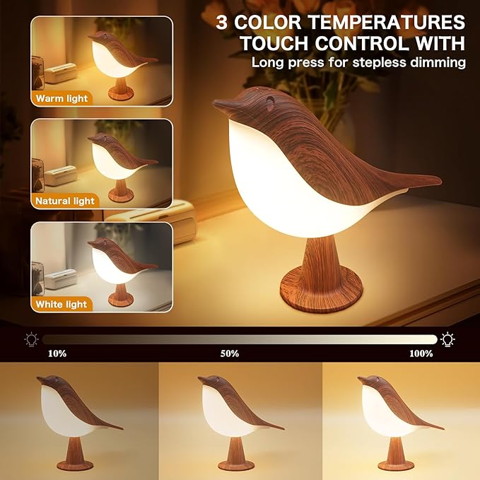 VViN 2 in 1 Small Desk Lamp, Bird Cordless Table Lamp with 3 Color Temperature Dimmer and Touch Sensor - Rechargeable Battery Night Light for Kids, Bedroom, Bedside, and Outdoor Use