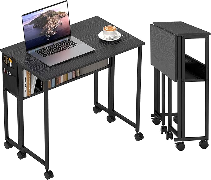 HOMCOM Small Folding Desk, Rolling Computer Desk Foldable with Storage Bag and Shelf, 31.5" Portable Writing Table on Wheels for Small Spaces, Home Office, Study, Easy Assembly, Black