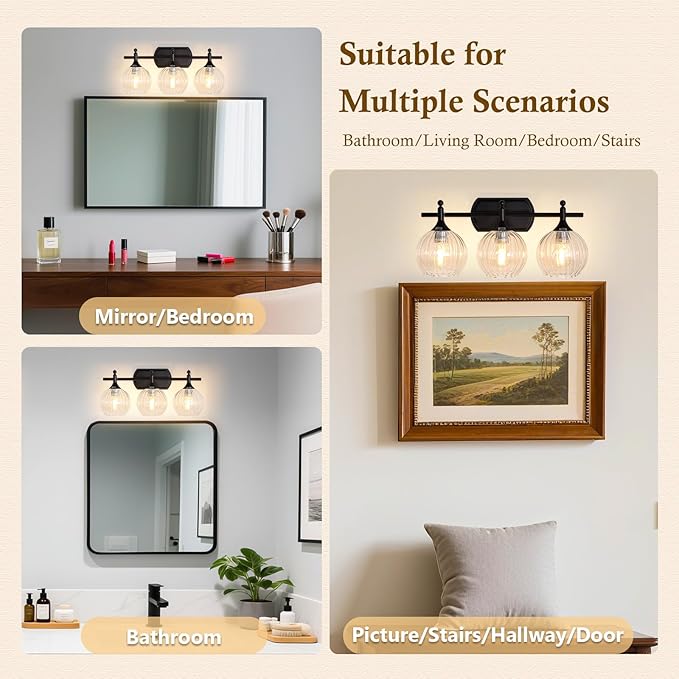 Matte Black Bathroom Vanity Light 3-Light Vanity Lights for Bathroom 10%-100% Dim(Night/Makeup Mode) Warm to Cool Light Switch Fog-Proof & Crystal Shade 20'' Wall Sconce