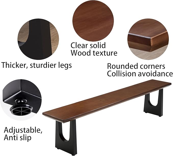 Walnut Color Long Bench Solid Wood Top Metal Legs U-Shaped Design Durable Sturdy Dining Bench Ideal for Office Home Restaurant Patio Multiple (Bench, 78.74in)