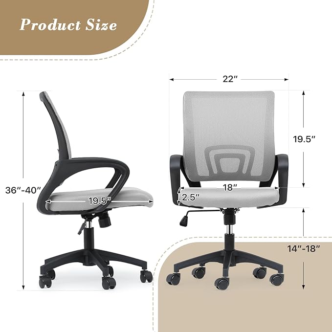 Athena Collection Computer Office Chair, Ergonomic Desk Chair with Rolling Wheels, Mesh Back Support and Height Adjustable, Small and Comfy for Home Office, Study, Light Grey