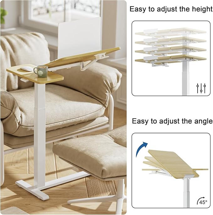 Ywin Medical Adjustable Tilt Overbed Bedside Table with Wheels, Small Portable Desk, Tray Table(27.6" W x 15.8" D), for Bedroom, Hospital, Couch, Office Use,Light Rustic Brown